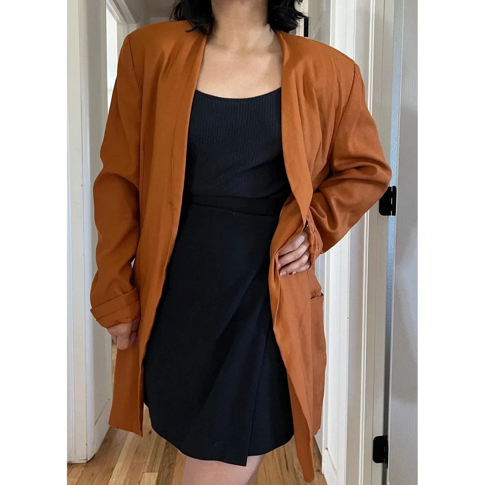 Vintage 90s orange long Rayon blazer oversized classic minimalist large office - Picture 12 of 15